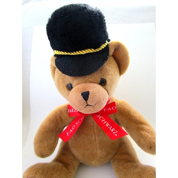F.A.O. Schwarz Plush Stuffed Brown Sitting Teddy Bear Ribbon Black Hat Red Logo - Picture 2 of 13